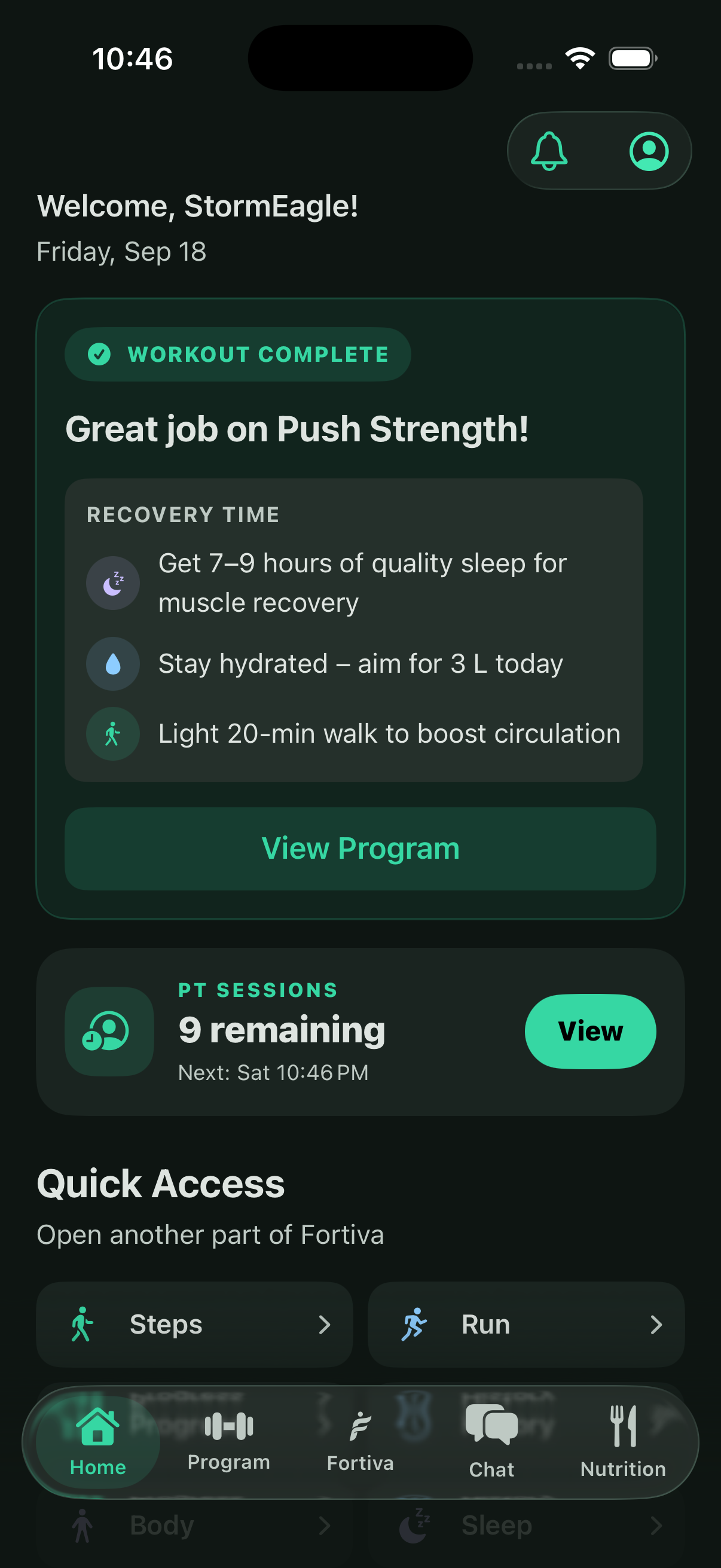 Home with recovery guidance and quick access to your activities.